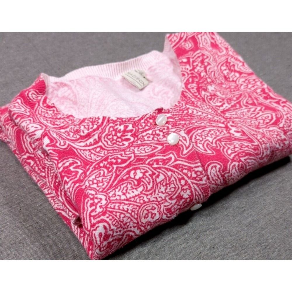 Madison Red Paisley Cardigan 3/4 Sleeve Thin Fine Knit Womens Sz L Sweater Layer